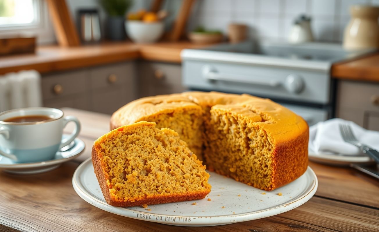 Bolo flocão de cenoura recém-assado, dourado e fofinho, cortado mostrando seu interior macio com pedacinhos visíveis de cenoura, em prato rústico.