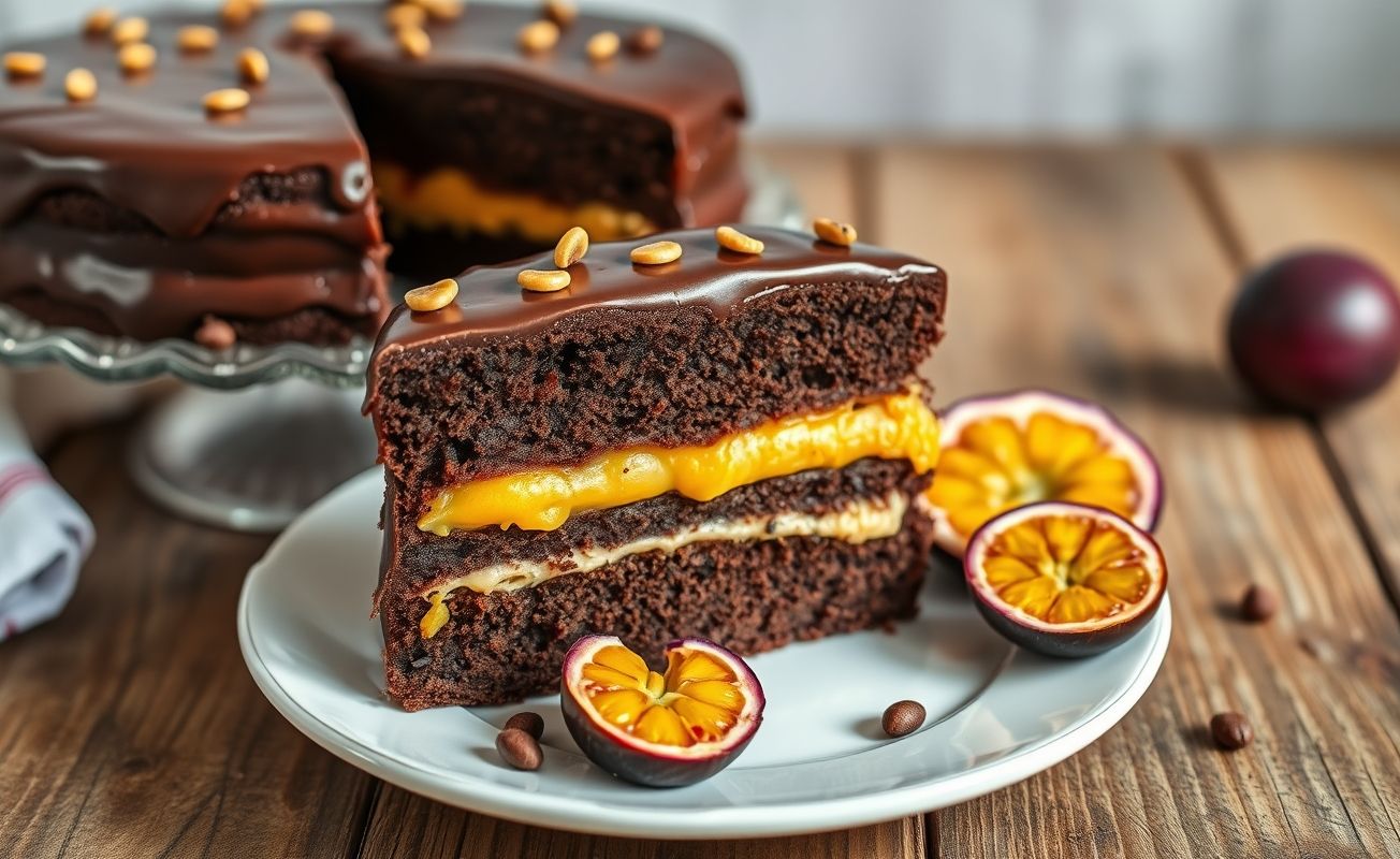 Bolo Trufado Brigadeiro Com Maracujá cortado mostrando camadas de massa escura, recheio cremoso e cobertura brilhante de maracujá com sementes visíveis.