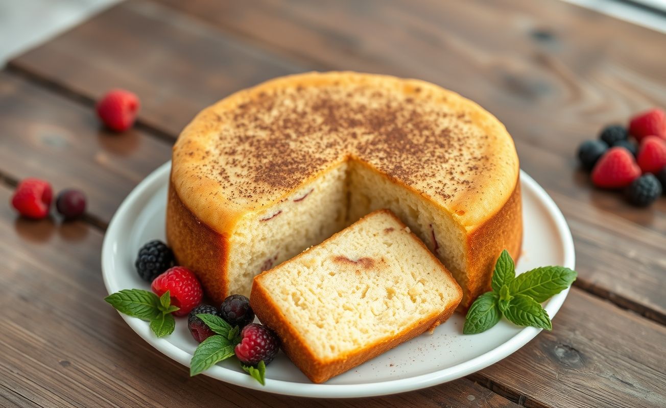Bolo Zero Açúcar cortado mostrando o interior macio, decorado com canela em pó e acompanhado de frutas vermelhas frescas