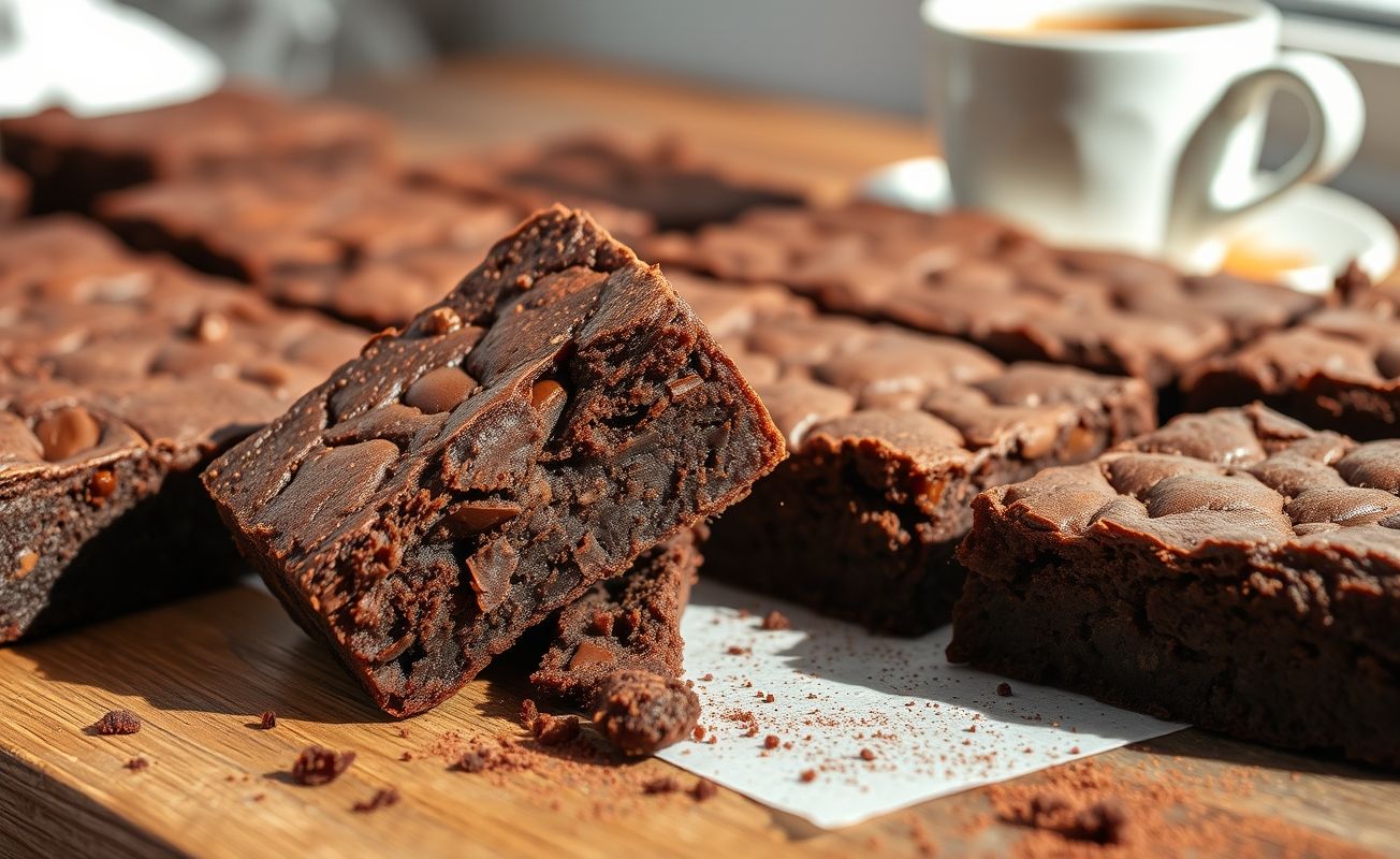 Brownie receita tradicional cortado em quadrados, mostrando textura crocante por fora e úmida por dentro, em tom rico de chocolate