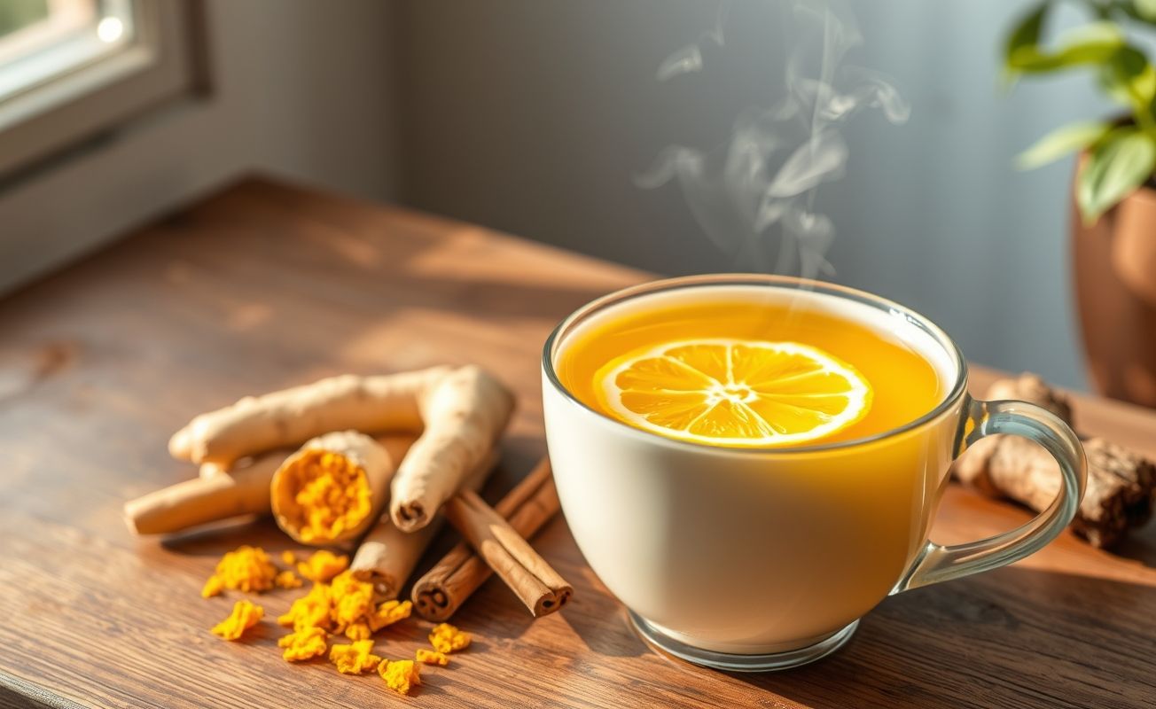 Xícara de Chá Para Baixar Colesterol dourado com rodela de limão, acompanhado de ingredientes naturais como gengibre e canela em pau