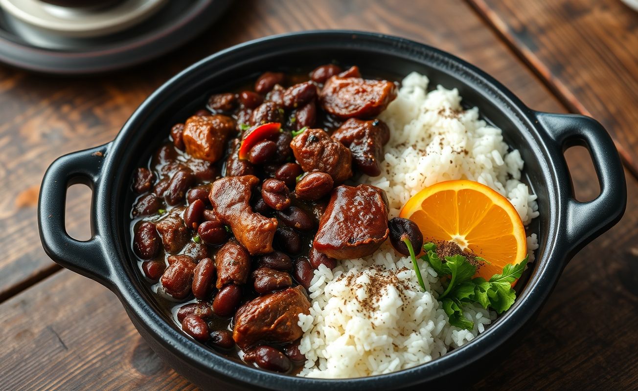 Foto apetitosa de Feijoada tradicional servida em panela de barro com feijão preto cremoso, carnes suínas suculentas e acompanhamentos típicos