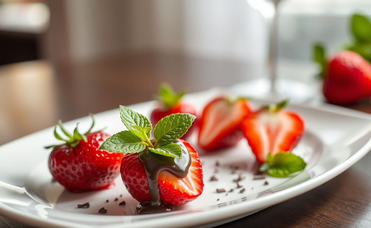 Morango Do Amor - morangos frescos recheados com ganache de chocolate escuro, decorados com hortelã e raspas de chocolate em prato branco
