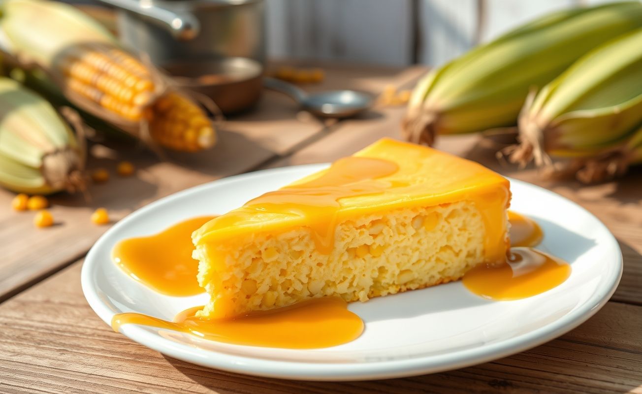 Fatia de Pudim De Milho cremoso servido em prato branco com calda dourada escorrendo pelas bordas