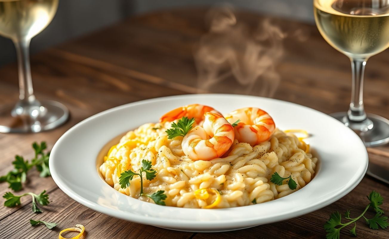 Risoto de camarão cremoso em um prato branco, decorado com salsinha e raspas de limão, com camarões inteiros visíveis sobre o arroz.